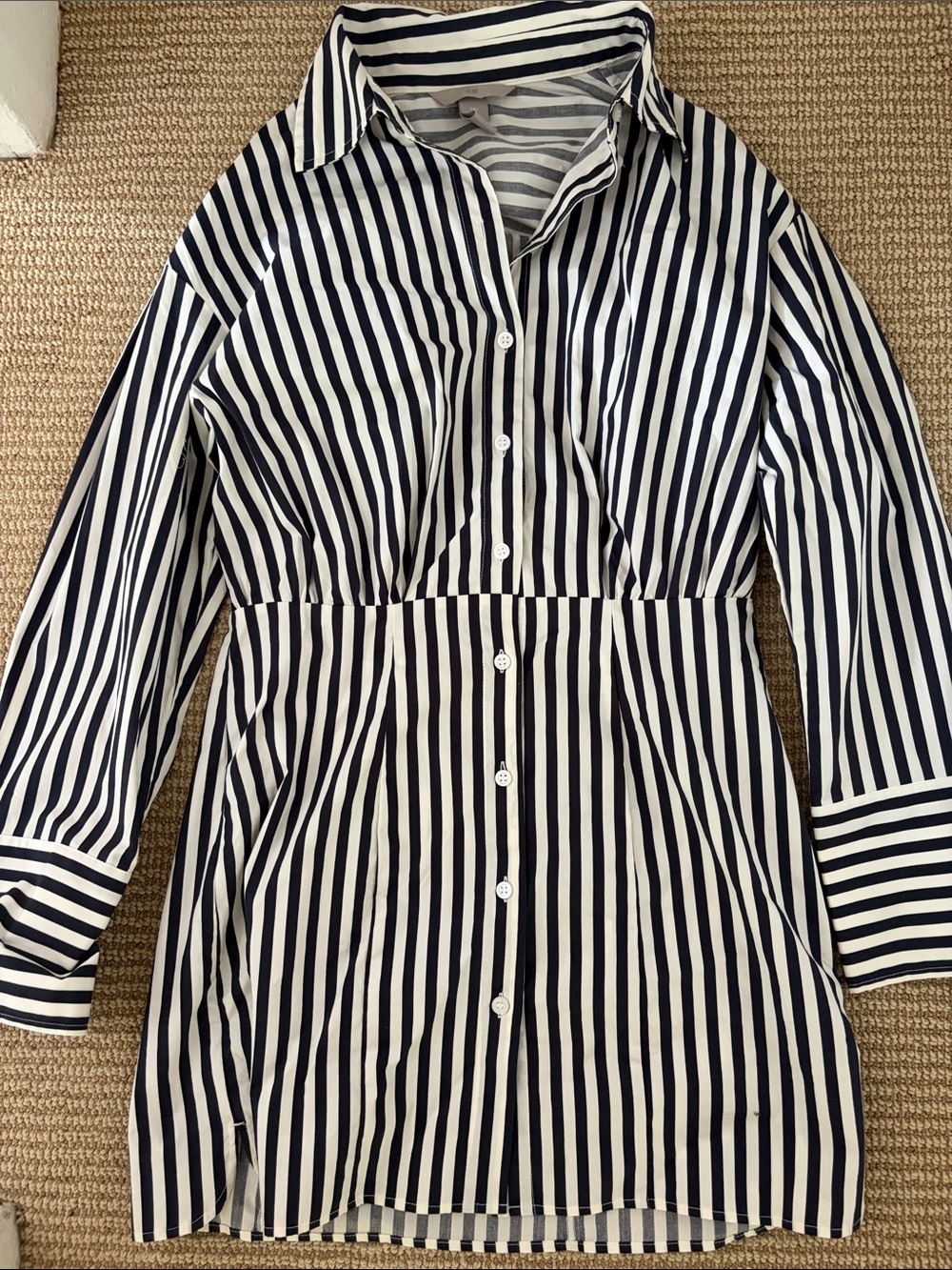 H&M Striped Button-Down Shirt Dress in Navy and White